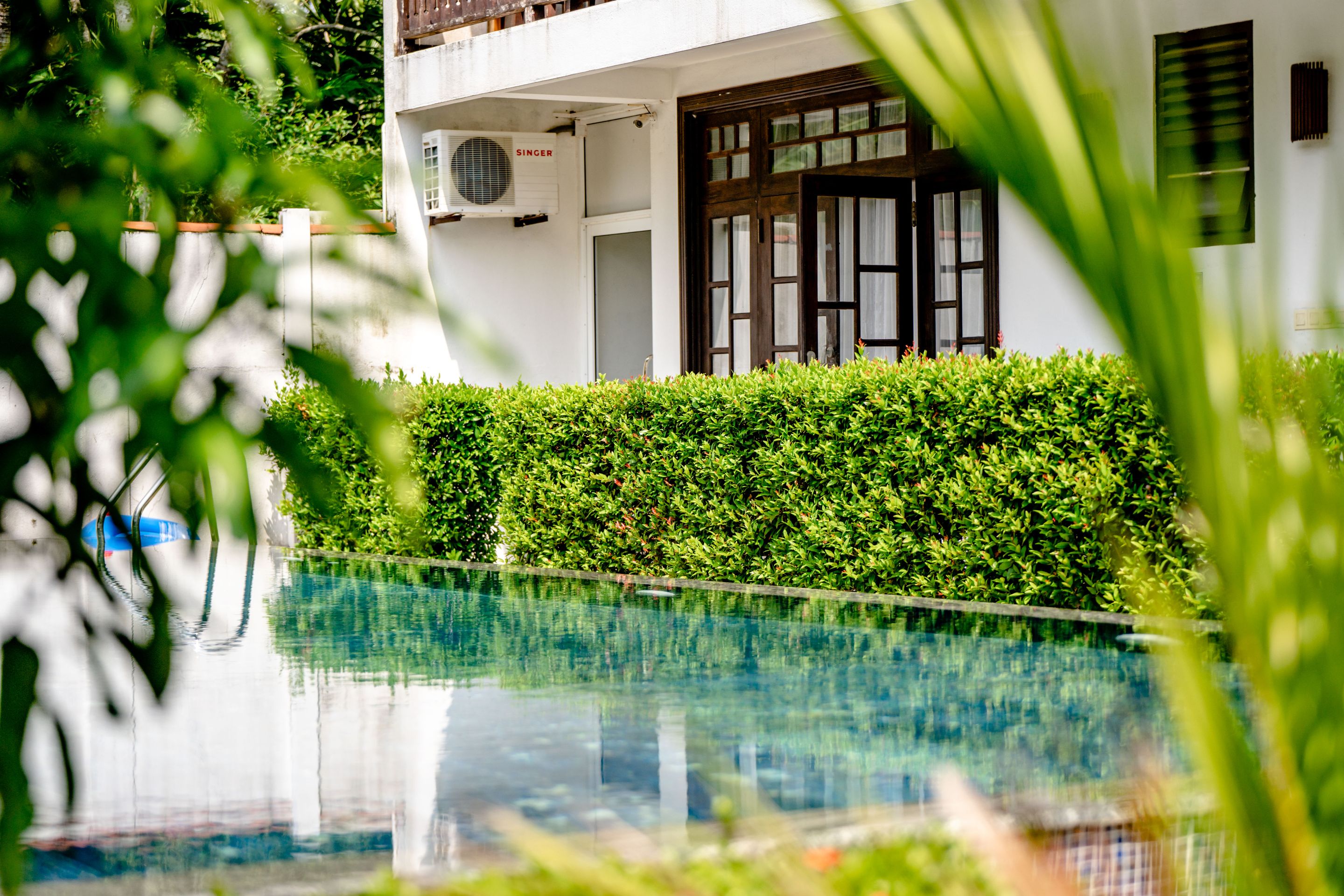 A white house behind a clipped hedge with a swimming pool and tropical planting