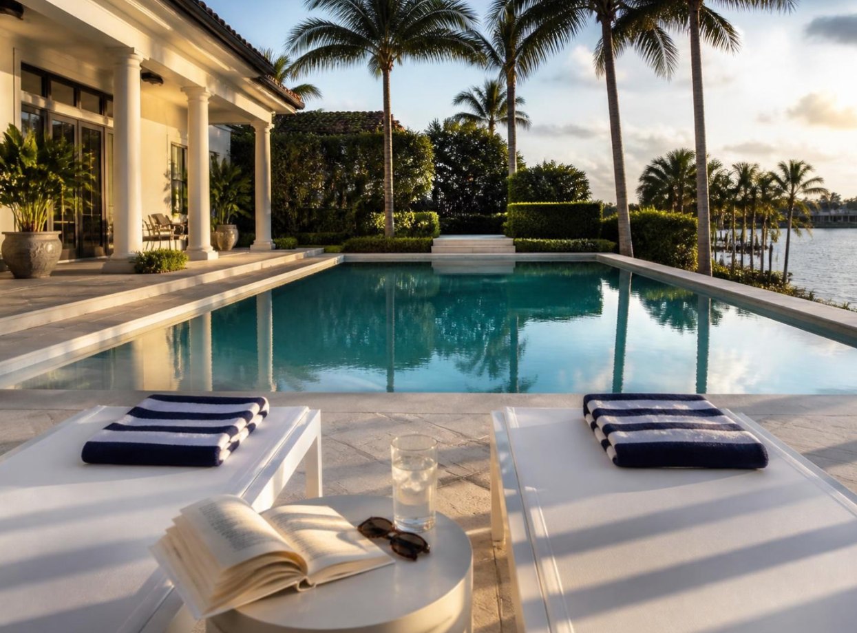 Two lounge chairs with striped towels beside a clear pool in late-afternoon light